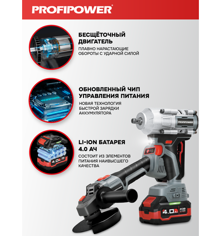 АККУМУЛЯТОРНЫЙ БЕСЩЕТОЧНЫЙ E0286 НАБОР 2В1 PROFIPOWER PROFISET-2H20