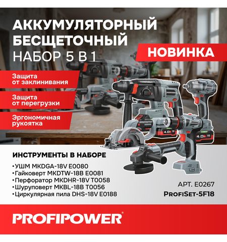 АККУМУЛЯТОРНЫЙ БЕСЩЕТОЧНЫЙ E0267 НАБОР 5В1 PROFIPOWER PROFISET-5F18